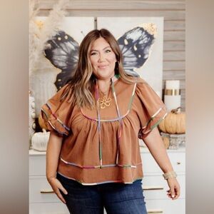 Entro Brown Flutter Sleeve Sailor Collar Blouse